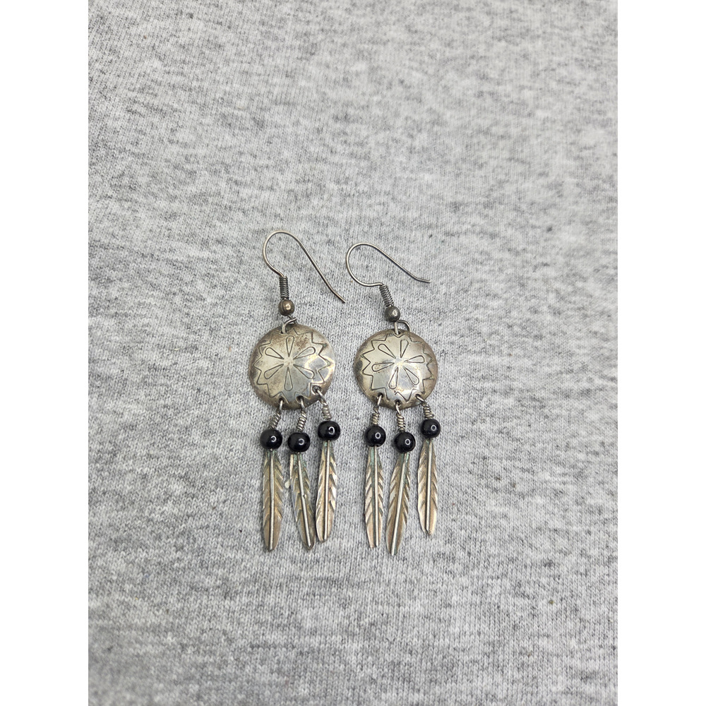 Sterling Silver Navajo Dream Catcher Onyx Vintage Handmade Dangle Earrings